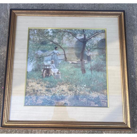 Vtg Under the Cherry Tree by Sir John Lavery framed colored art paint  24x24 - Picture 1 of 5